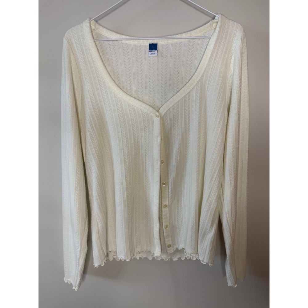 Old Navy Womens Cream Pointelle Knit V-Neck Button Down Lettuce Edge Cardigan L
